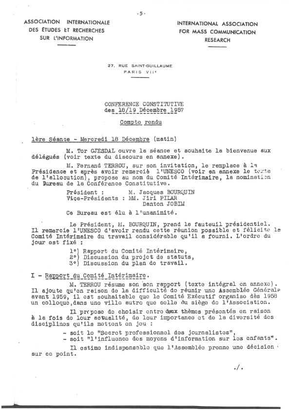 The first page of the minutes of the founding meeting of IAMCR, 18/19 December 1957